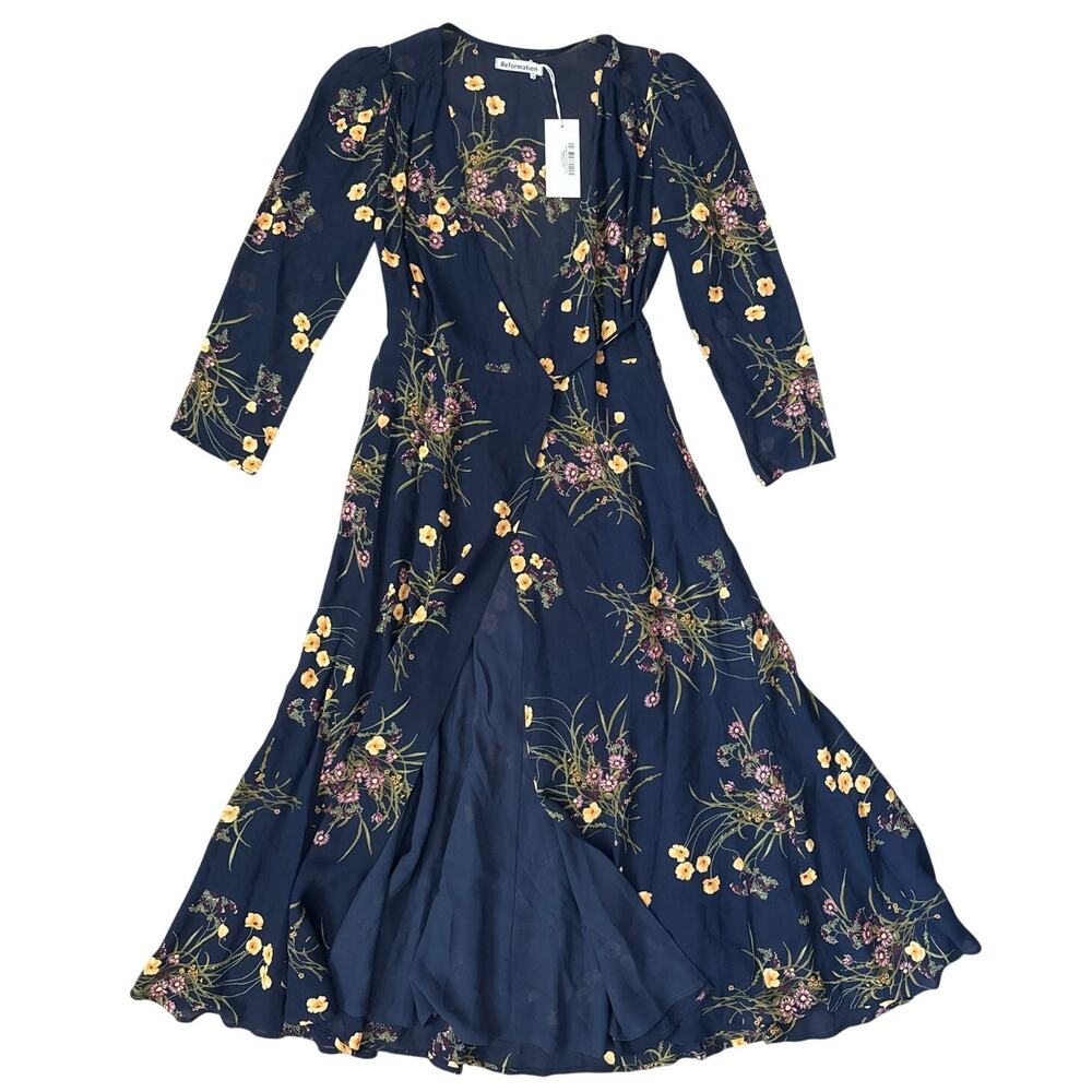 REFORMATION Melba Floral Wrap Midi Dress in Mademoiselle Navy Blue Size Small - Picture 5 of 10
